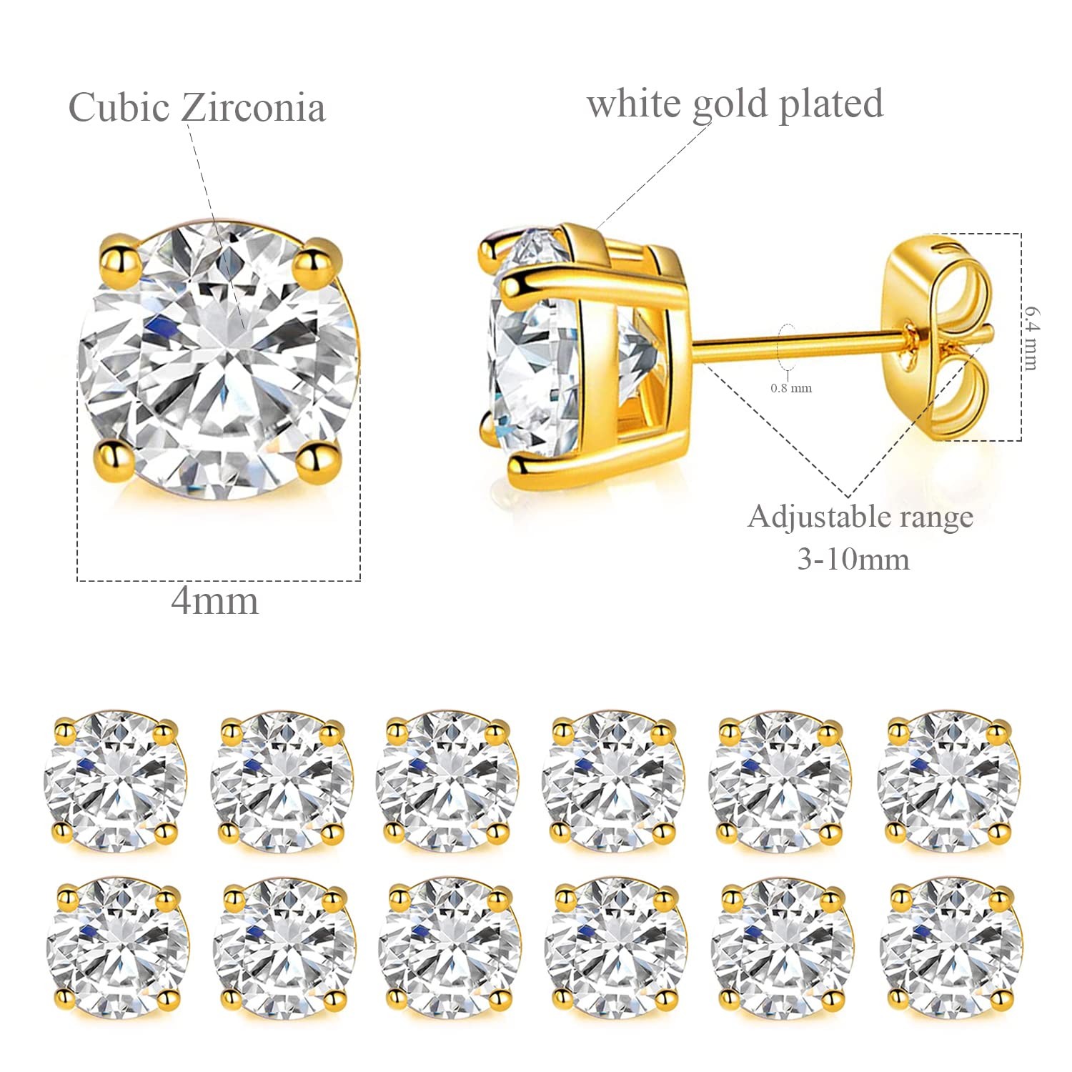 MDFUN Hypoallergenic CZ Stud Earrings Set for Women/Men,6 Pairs 18K Gold Plat…