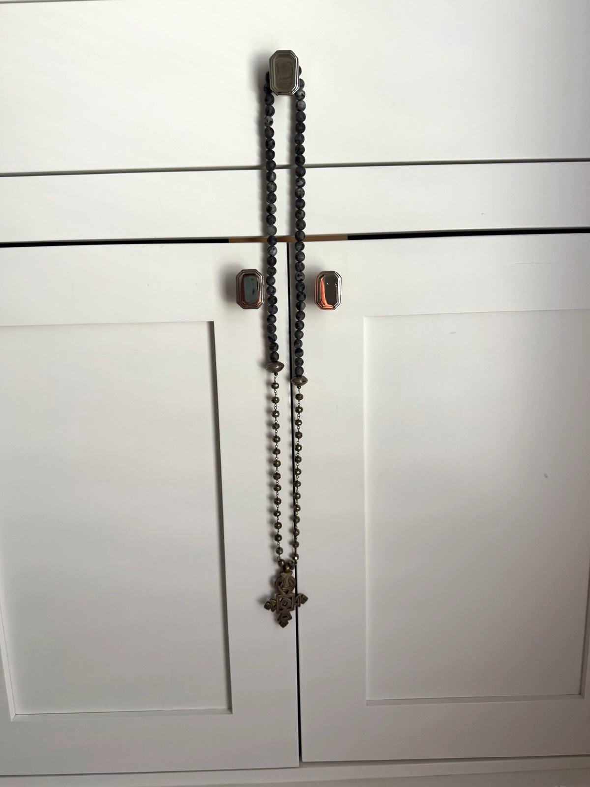 Artisan Gray Faceted Beaded Cross Pendant Necklace 34” Boho Southwestern