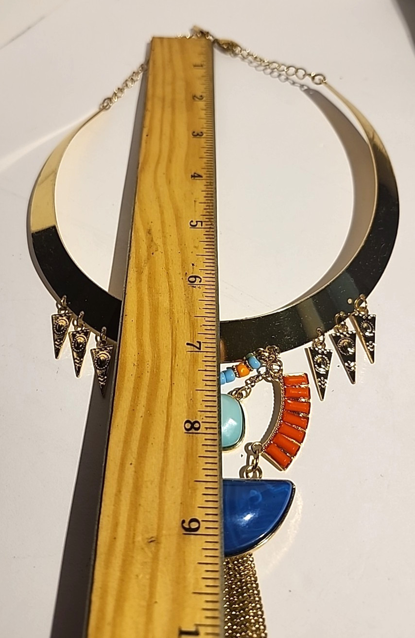 Blue and Orange Necklace Boho Tribal Gold Tone Rigid Base Fringe Tassle