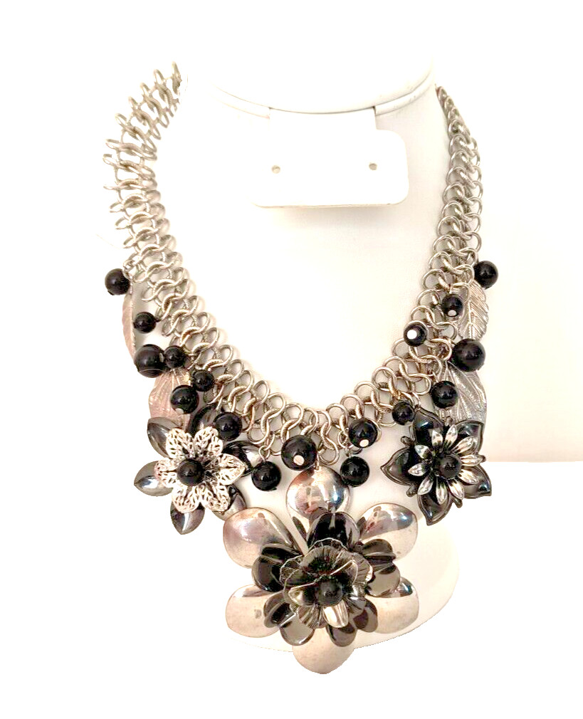 Silver Tone & Black Women’s Statement Necklace Flower Shapes Adjustable Length
