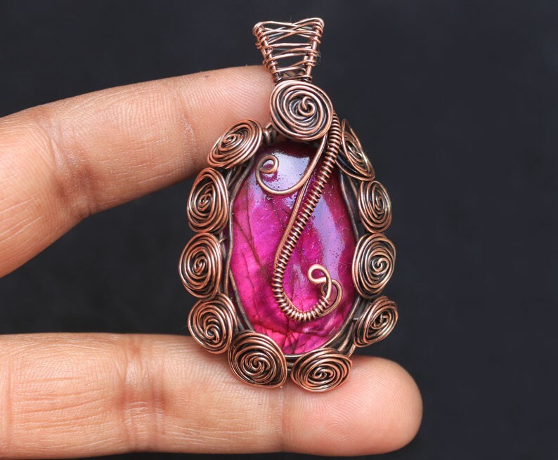 Birth Gift Pendant Pink Fire Labradorite Copper Wire Wrap Pendant Jewelry N34