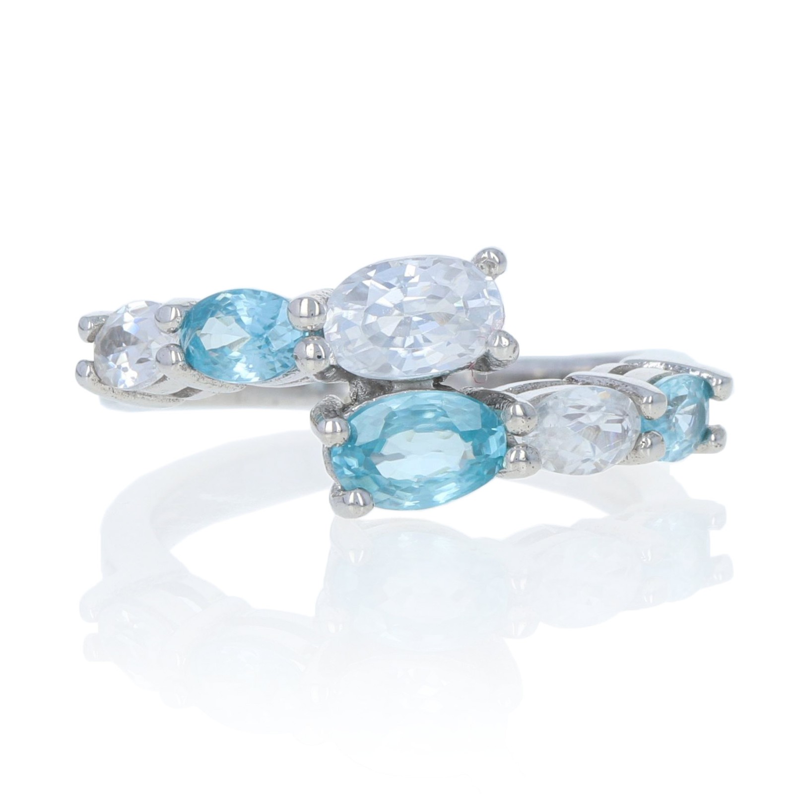 Sterling Silver Blue & White Zircon Ring – 925 Oval 2.50ctw Bypass