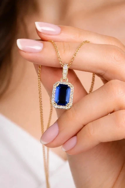 3Ct Emerald Cut Simulated Sapphire & Diamond Halo Pendant 14K Yellow Gold Plated