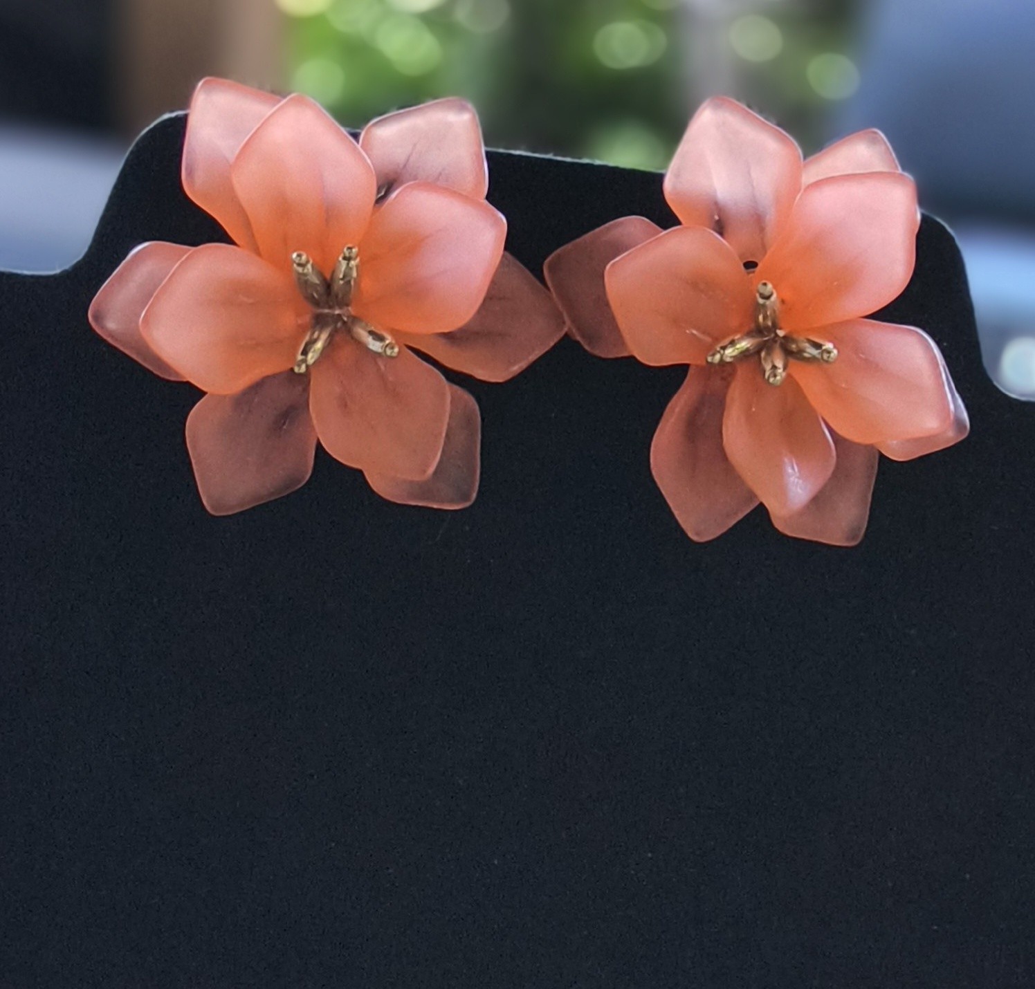 Oversize Canteloupe Color Satin Acrylic Flower Statement Pierced Earrings Floral