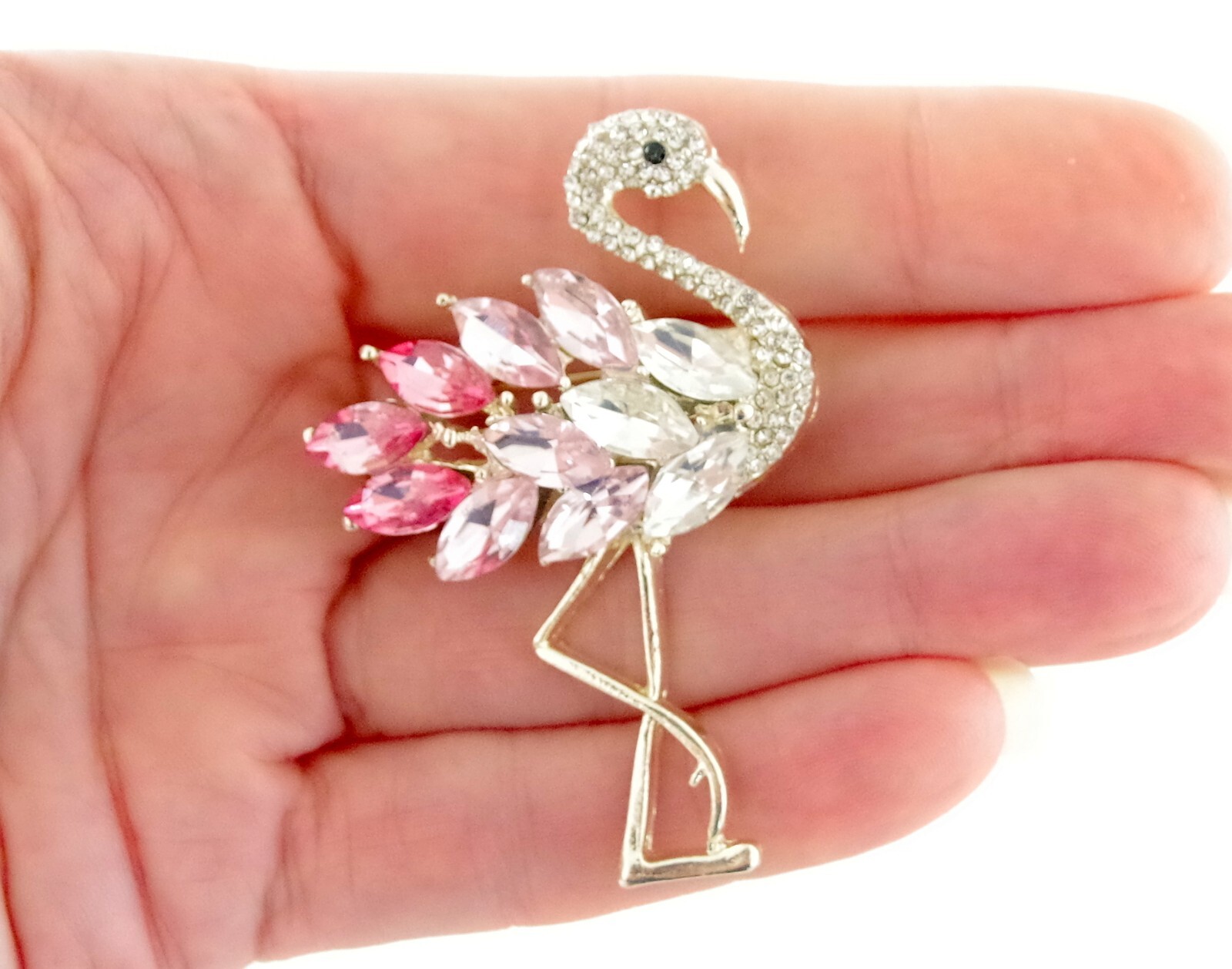 2 1/8″ NEW MARQUISE CRYSTAL RHINESTONE & GOLD TONE PINK FLAMINGO BIRD BROOCH PIN
