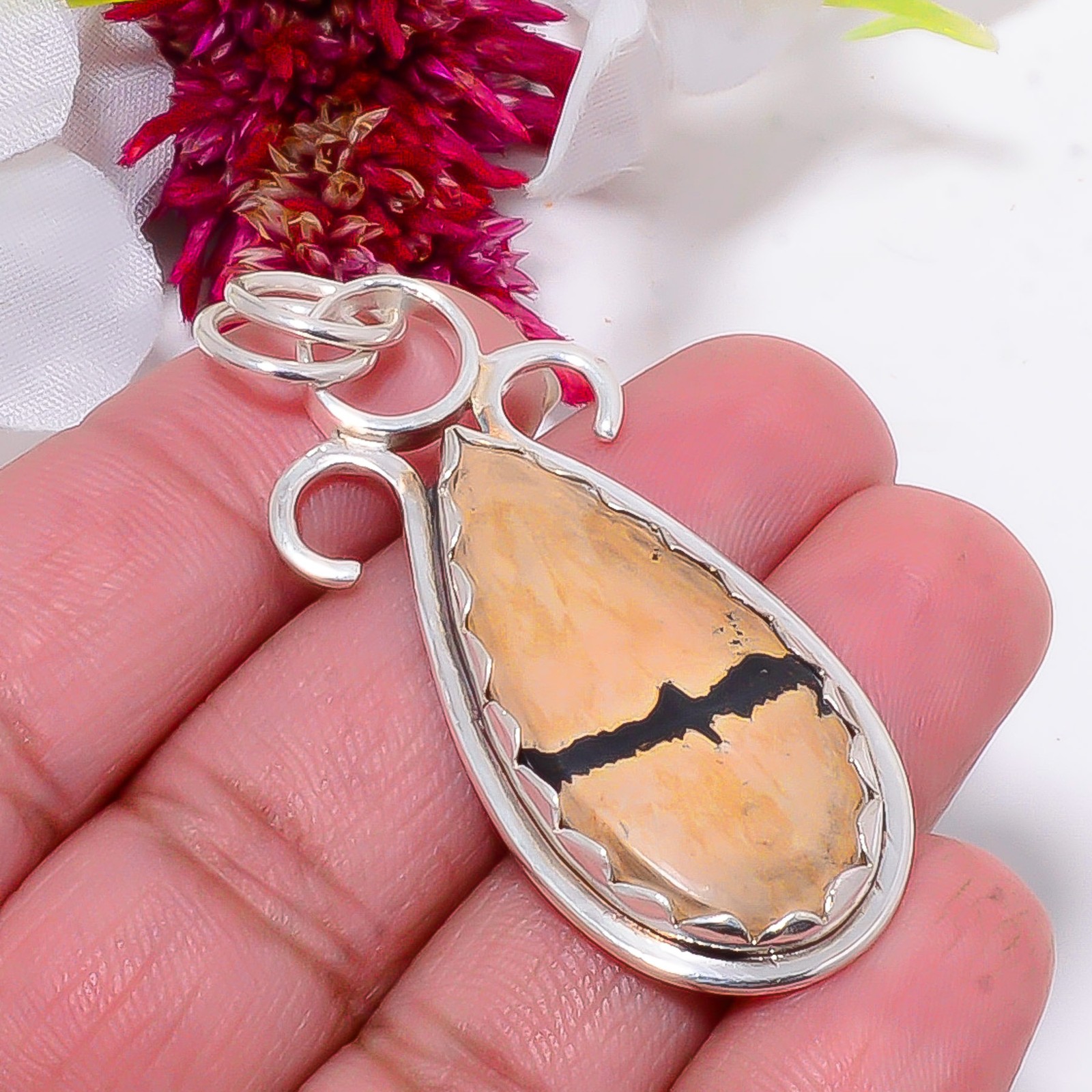 Honey Dendritic Opal – Mexico Gemstone 925 Sterling Silver Pendant 2.15″ Sku4