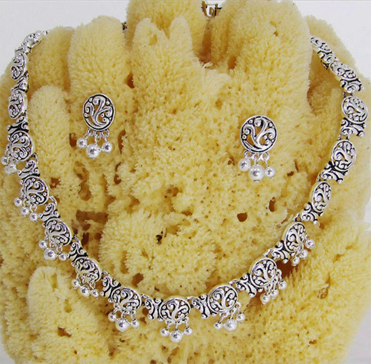 DESIGNER INSPIRED 17 in SILVER FILIGREE DANGLE NECKLACE EARRINGS JEWELRY SET