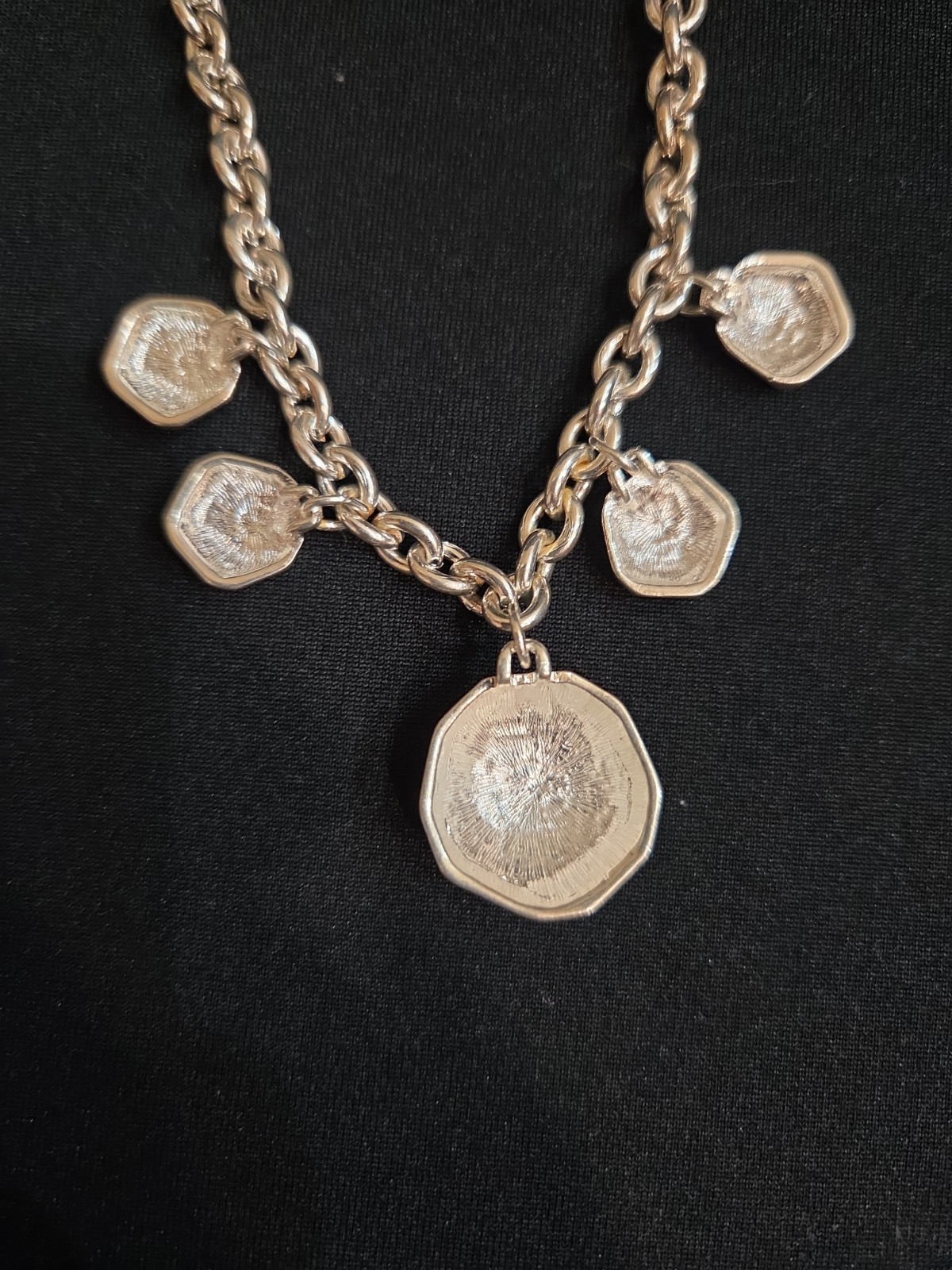 20″ Heavy Silver Tone Necklace W/5 Sided Pentagon Geometric Statement Charms