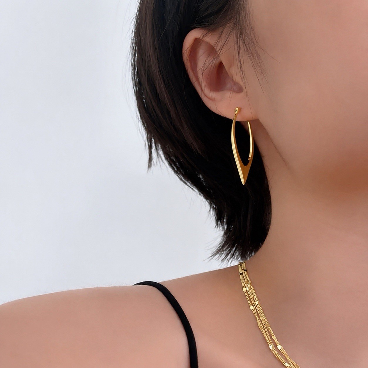 18K Gold Plated Marquise Hoop Earrings Minimalist Geometric Dangle Earrings A43