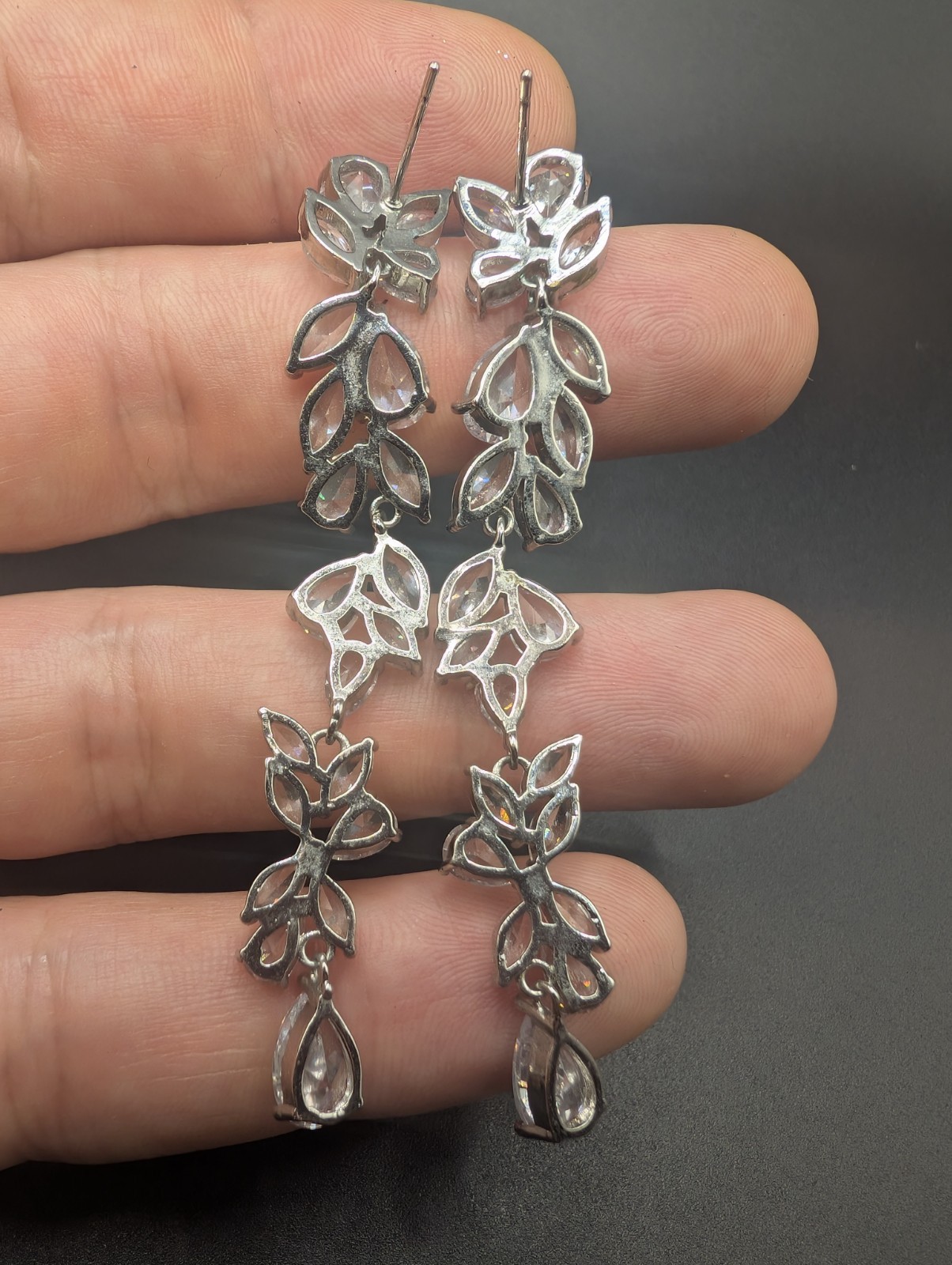 Long Rinestone Earrings Silver Tone Open Back