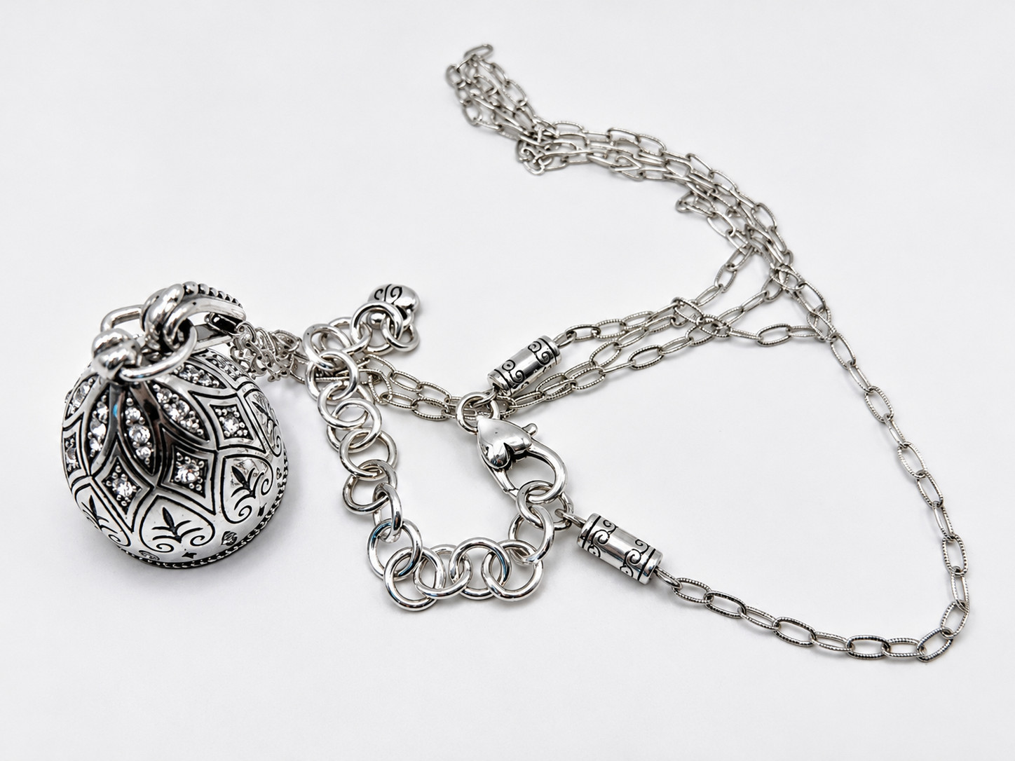 Brighton Necklace Silver Tone Bell Pendant Rhinestone Filigree Chain Statement