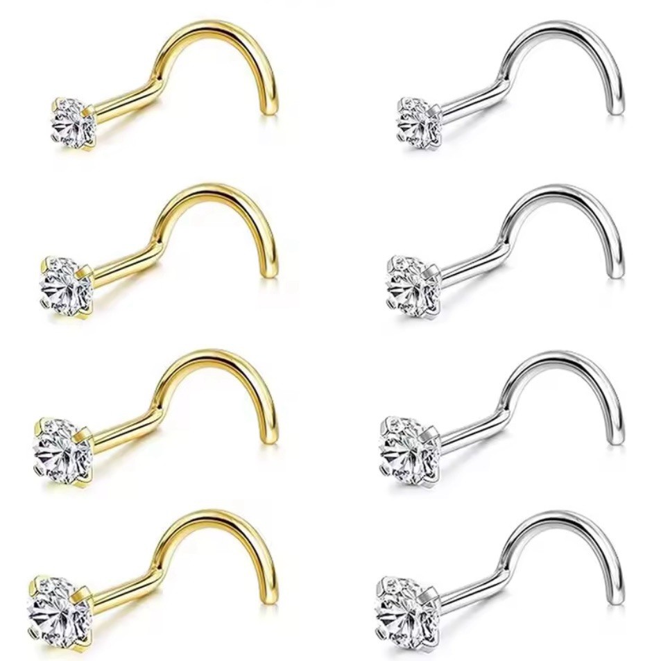Nose CZ Gem Stud Straight L Screw Piercing – Gold Surgical Steel
