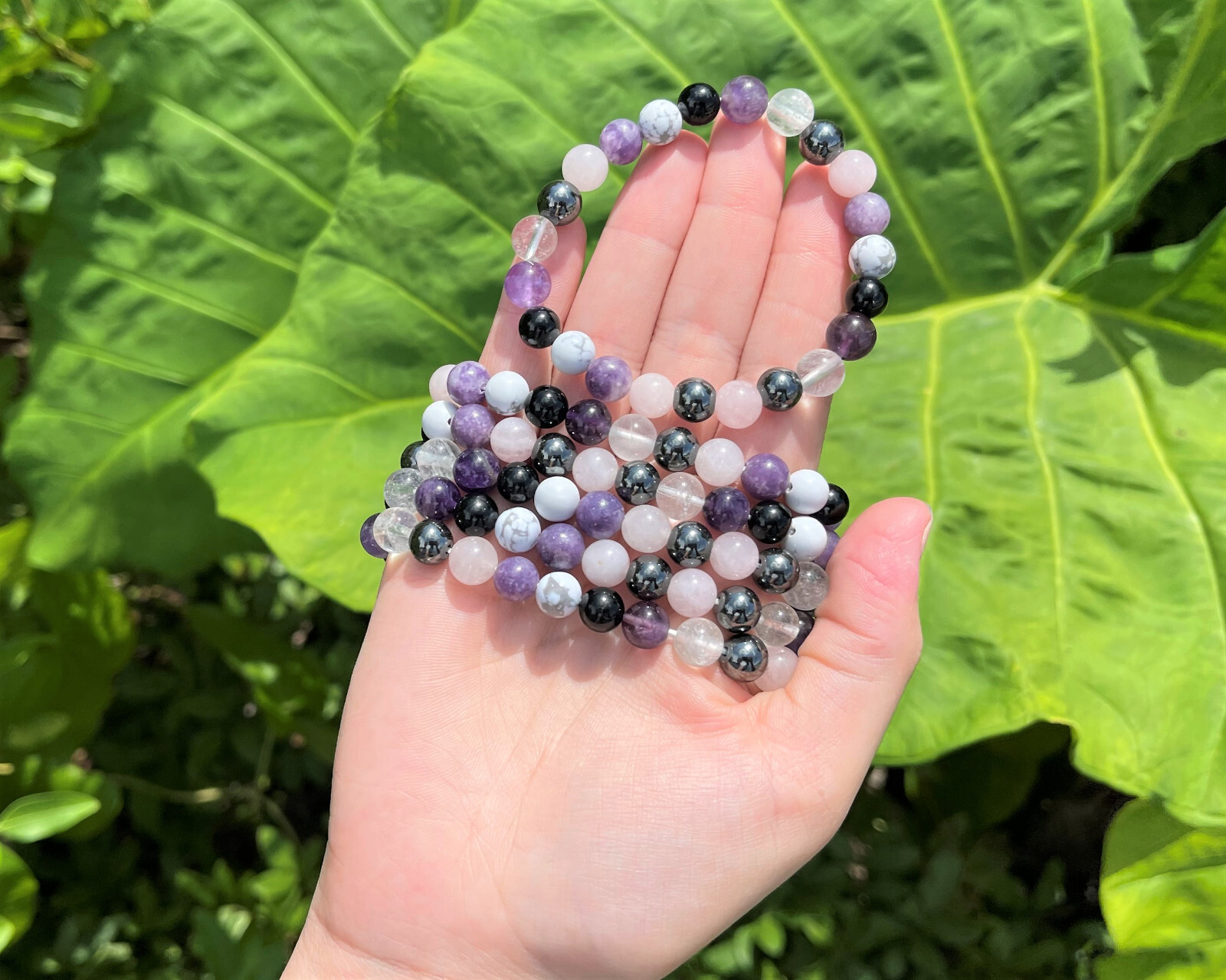 Stress Relief Bracelet: 8 mm Crystal Beads (Amethyst, Rose Quartz, Lepidolite)