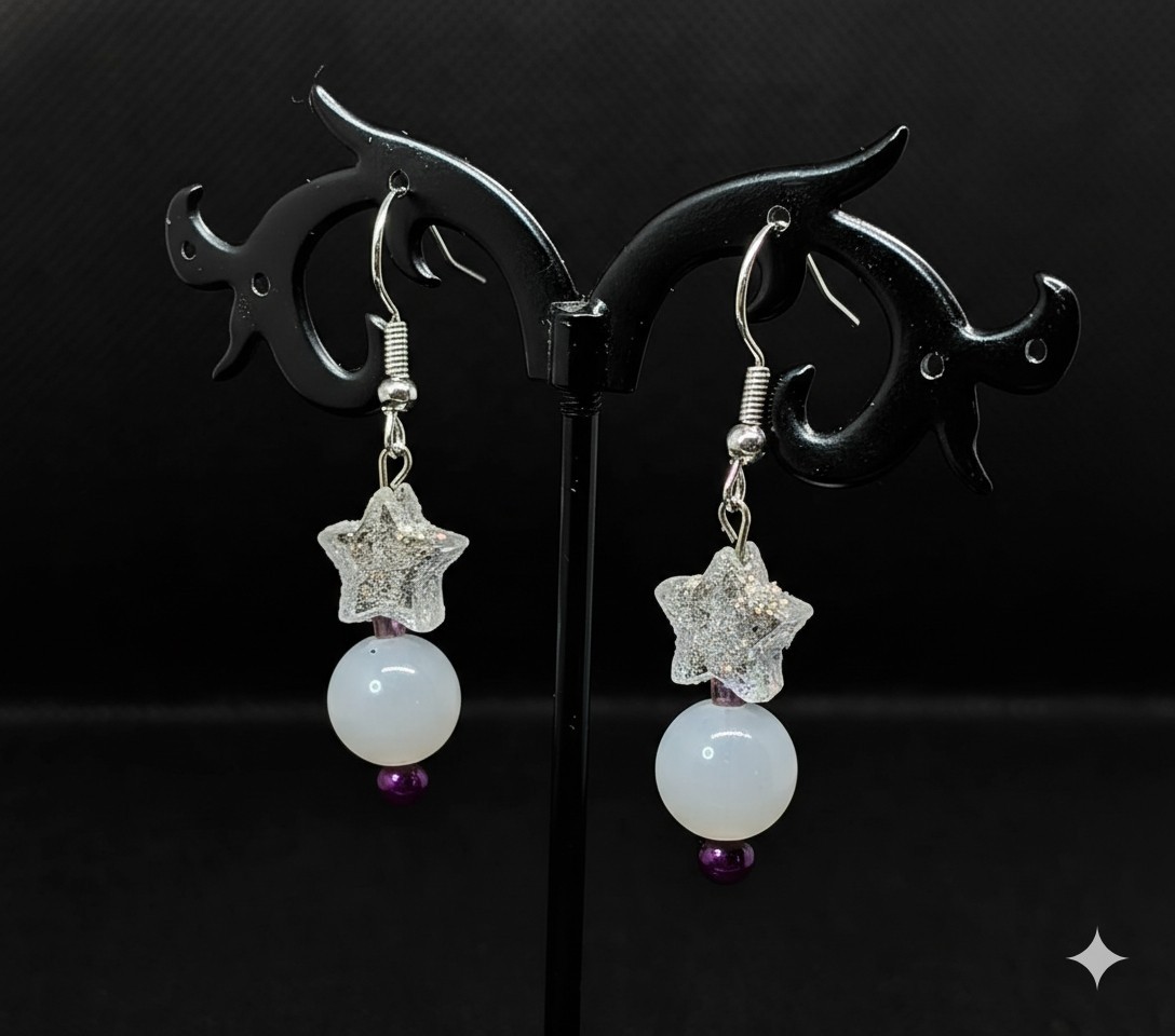 Purple and Silver White Glitter Star Stick Pin Earrings