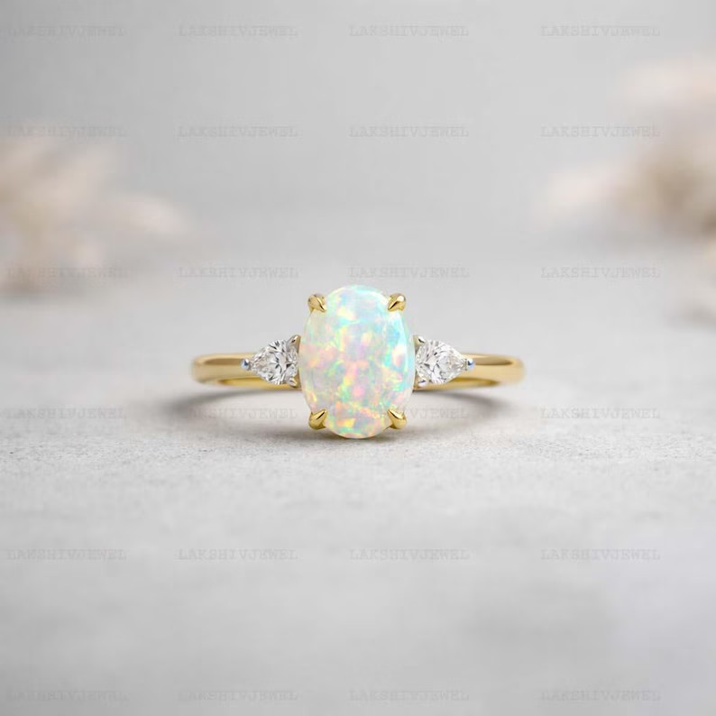 Opal Ring, Gold Alloy Metal, Anniversary Birthday Gift For Her, Women’s Rings