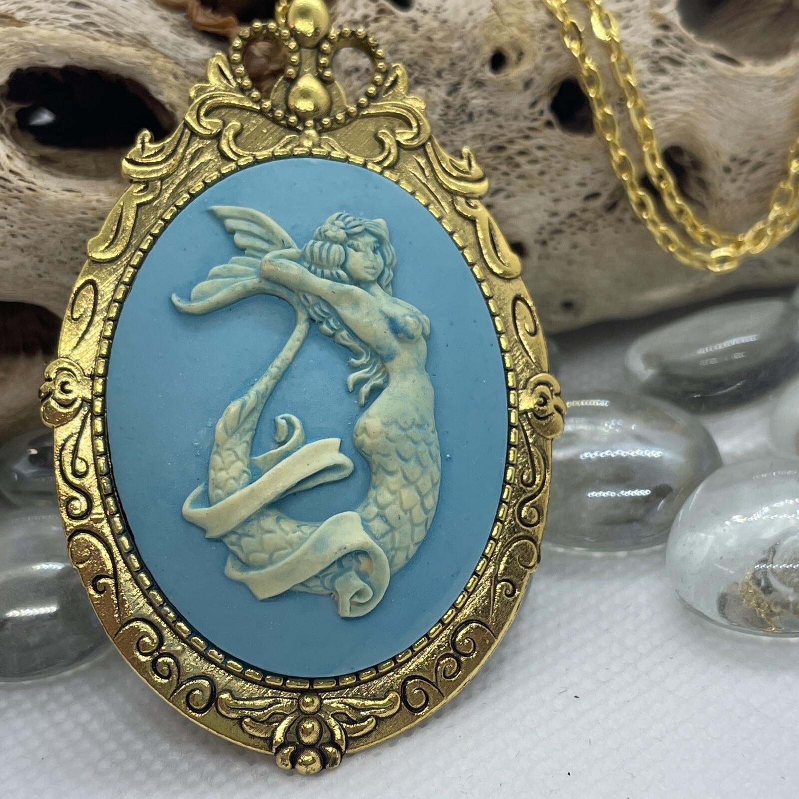 Mermaid Beach BFF Sister Sea Goddess WEDDING Siren Cameo Necklace Teal Gold New
