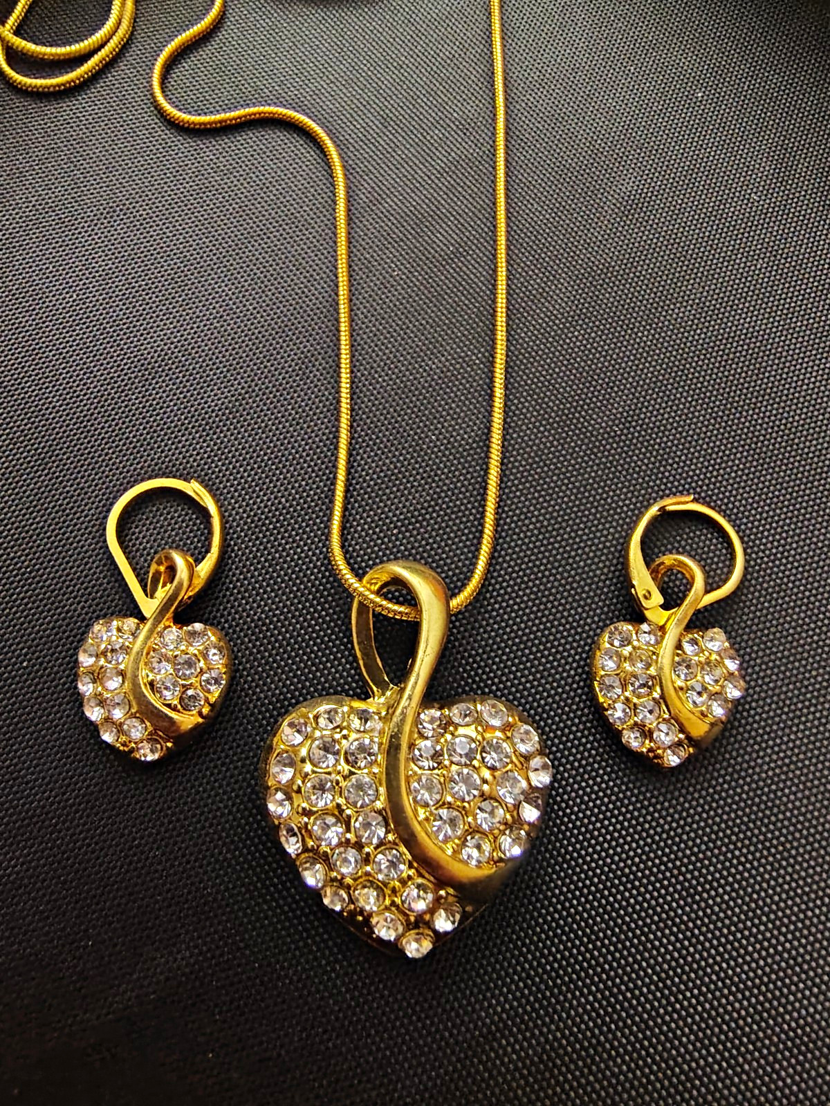 Gold Tone Clear Heart Crystal Love Jewelry Set Necklace & Earrings
