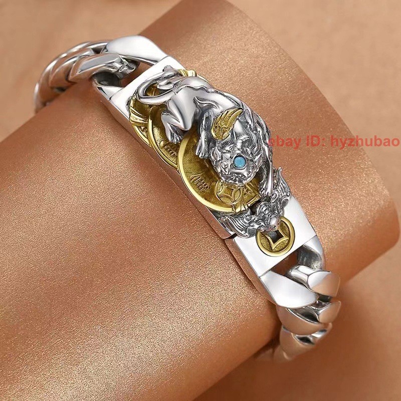 Fashion Solid Brass Silver Plated PiXiu Statue Man Woman Lucky Bangle Bracelet