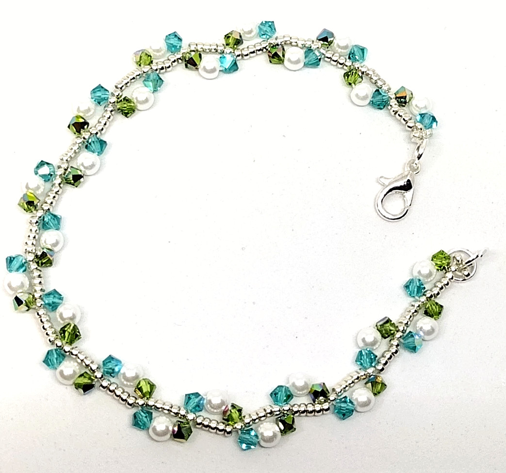 Bracelet 8-inch 3mm Light Blue/ Green Crystal Bicone Beads w/3mm Pearls
