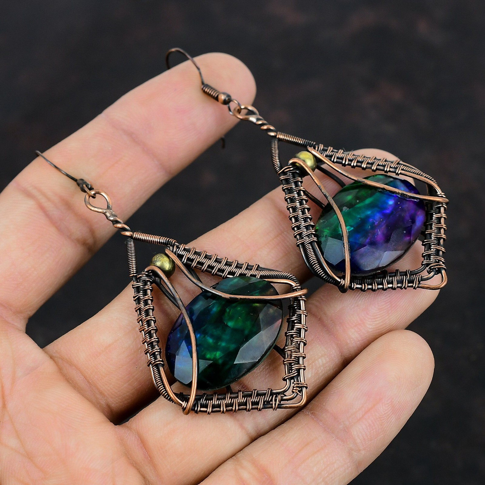 Ammolite Jewelry Copper Mother Gift Wire Wrapped Drop/Dangle Earrings 3.23″