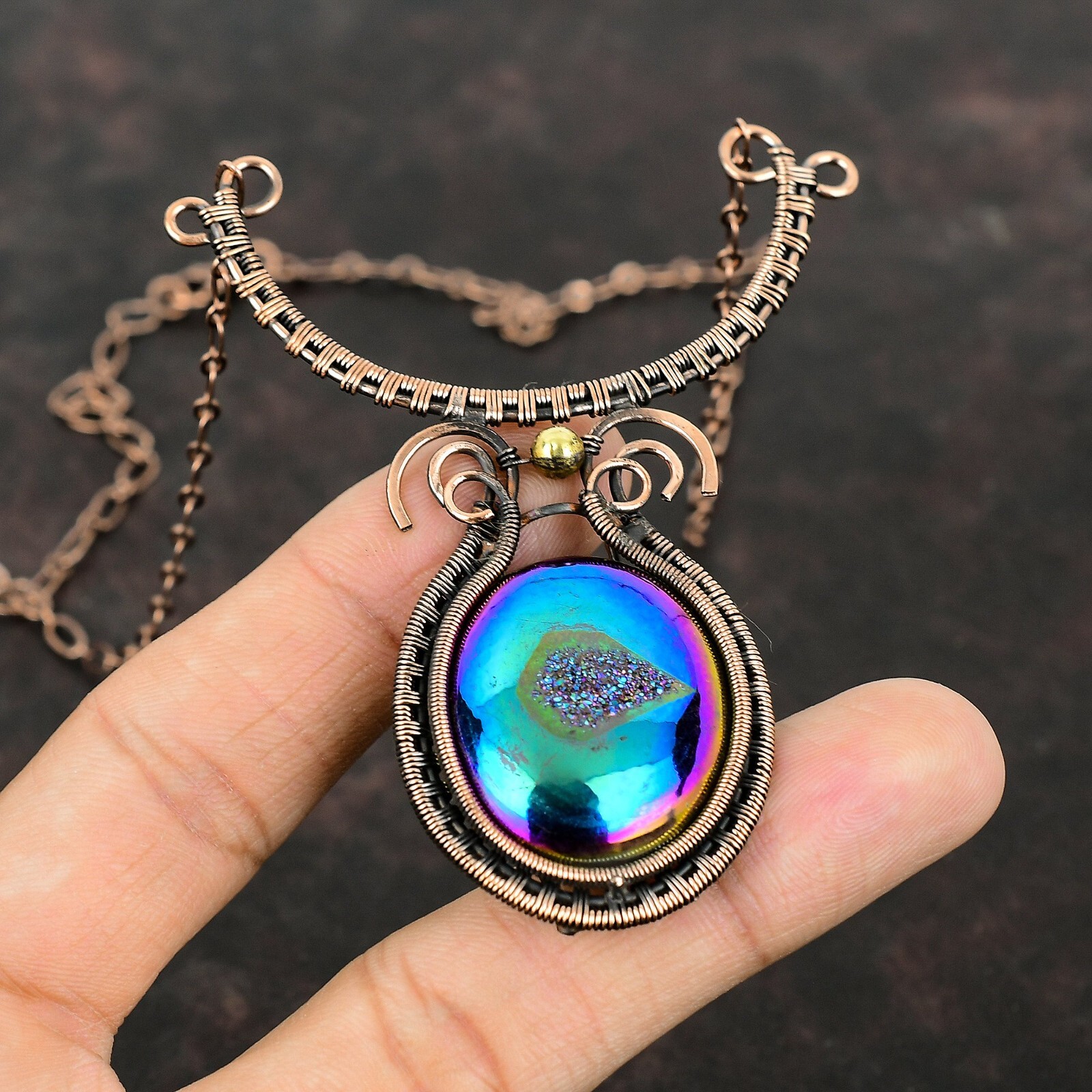 Titanium Druzy Copper Love Gift Wire Wrapped Necklace Adjustable 18.0″