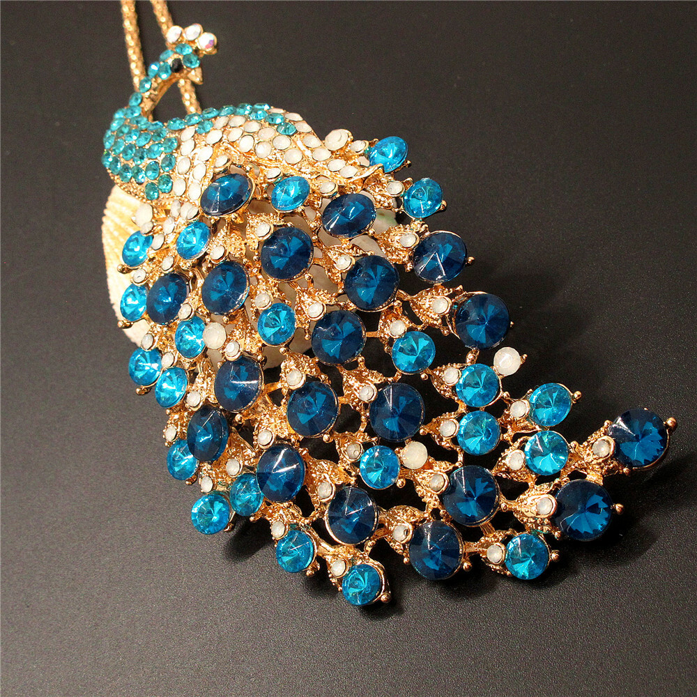 New Blue Crystal Ornate Peacock Animal Pendant Holiday gifts China Necklace