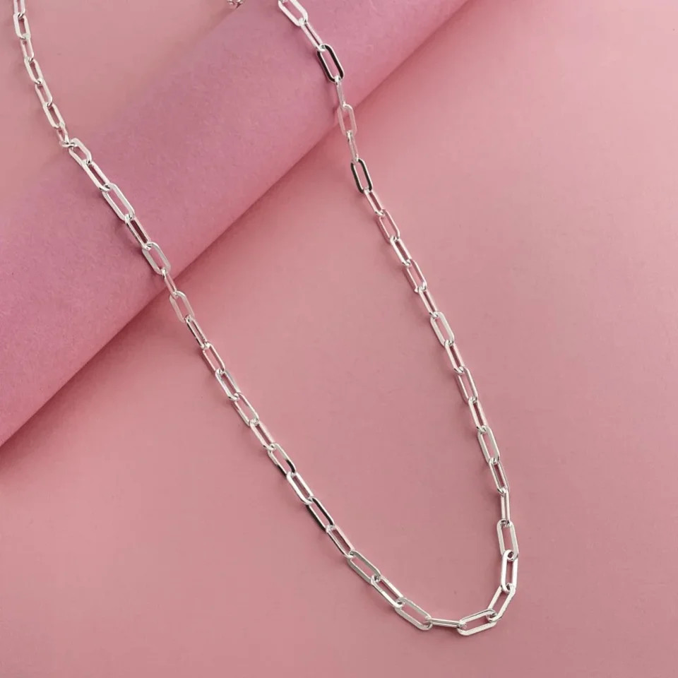 Paperclip Chain Necklace 925 Sterling Silver 3mm 45-60cm Women Jewelry