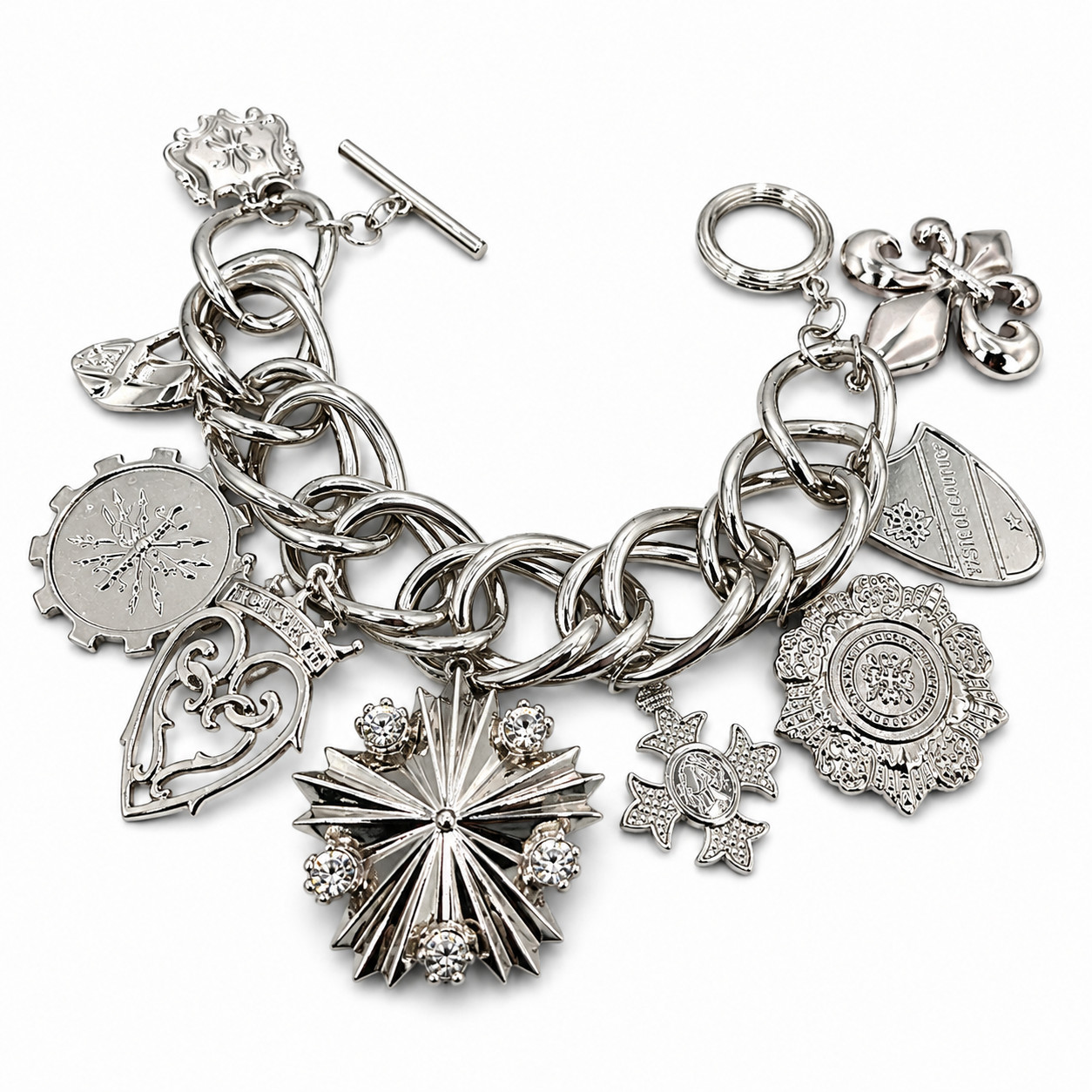 NOS Vintage Style Chunky Silver Charm Statement Toggle Bracelet 8.0”