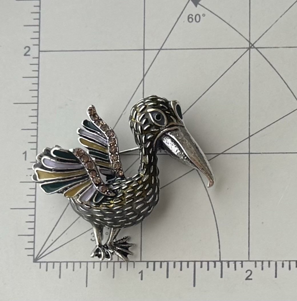Pelican Brooch Pin / enamel on silver tone metal
