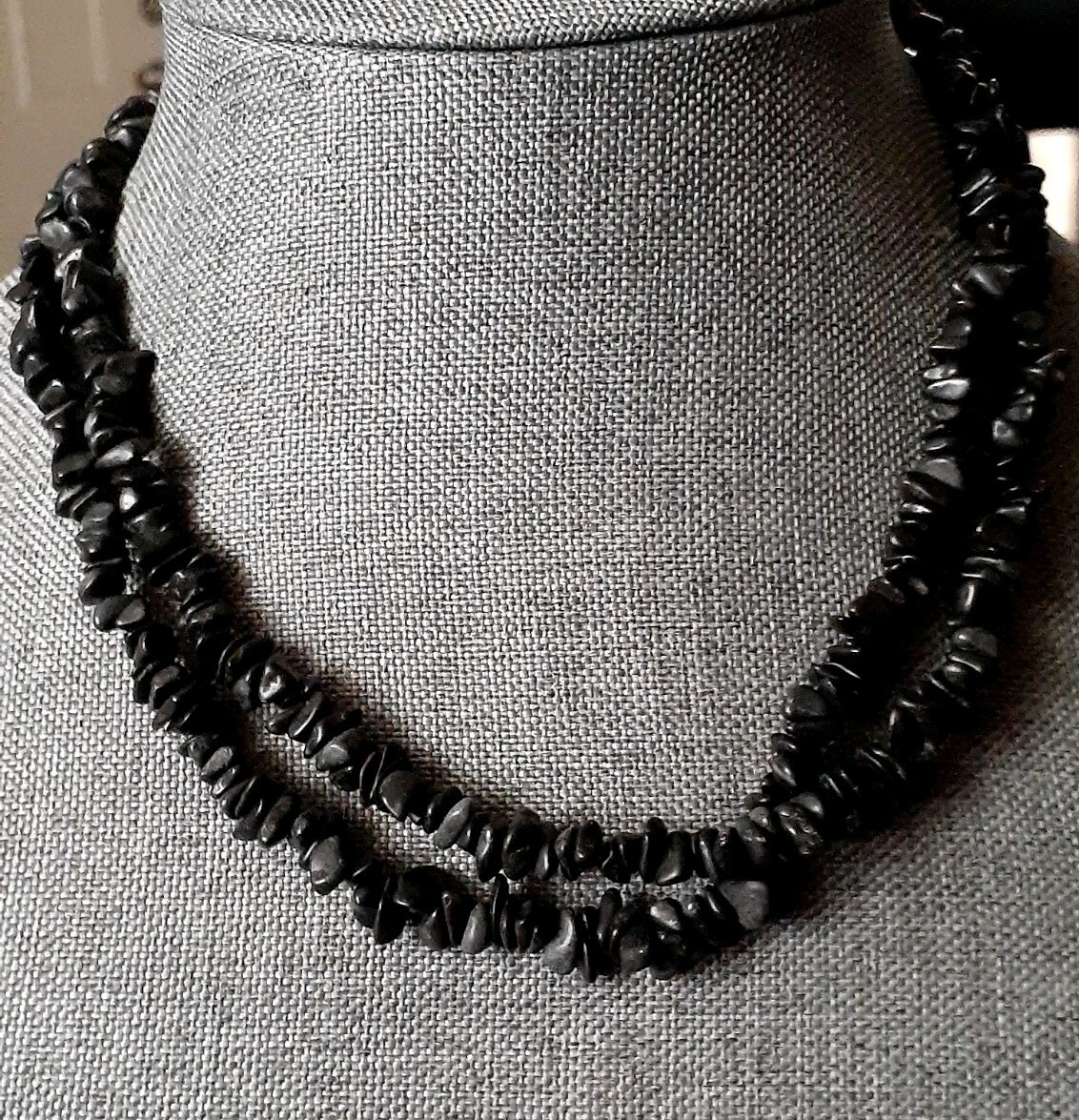 Matte Black Gemstone Single strand Necklace. 35 in.