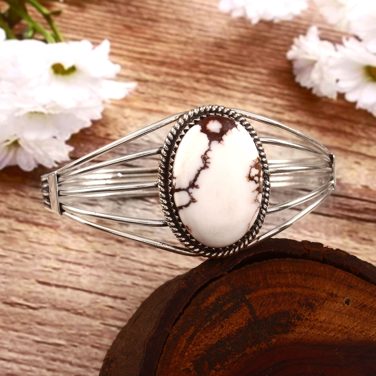 Wild Horse Turquoise Cabochon Bangle Handmade 925 Sterling Silver Jewelry