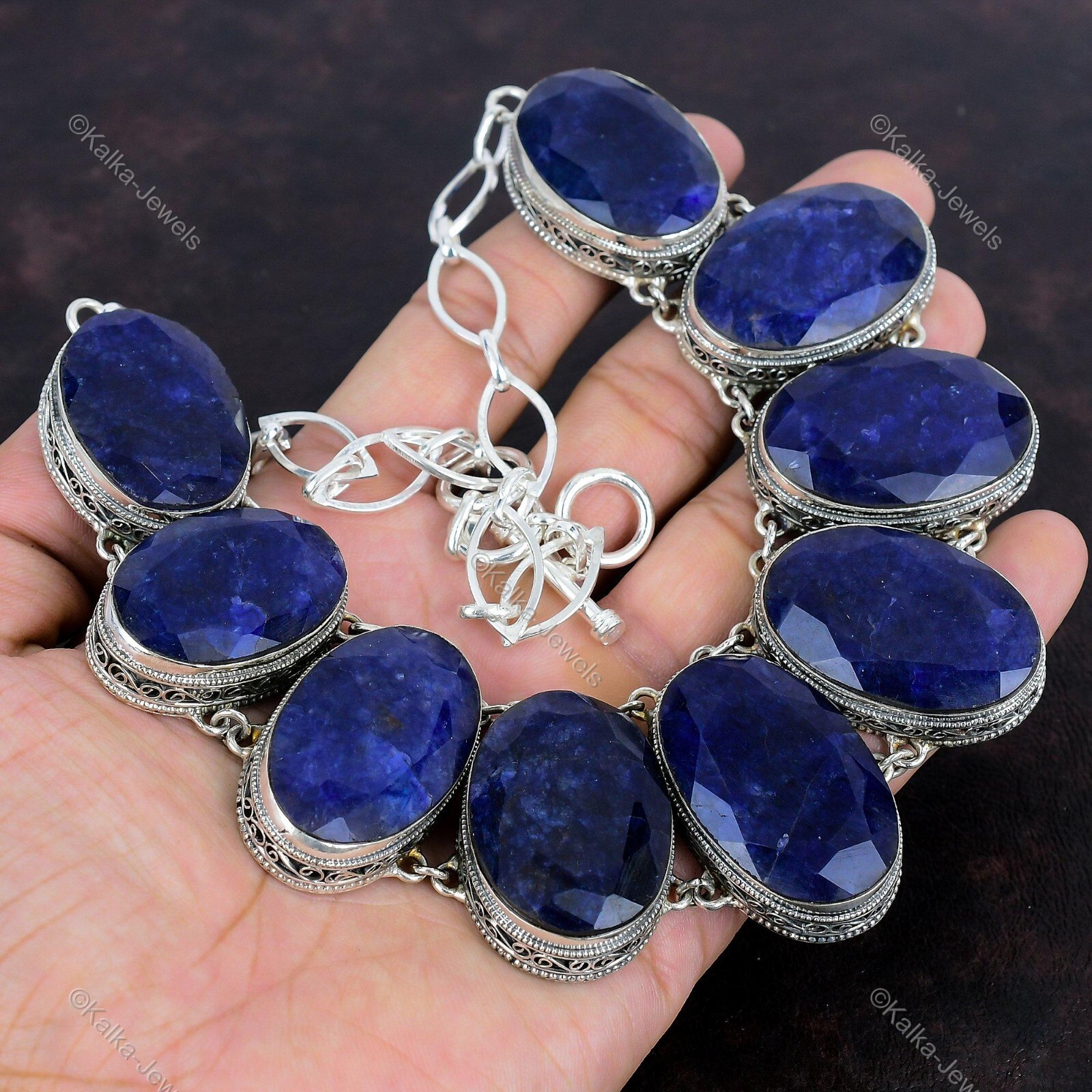 Blue Saphire Gemstone Chain Vintage Blue Adjustable Necklace 925 Silver