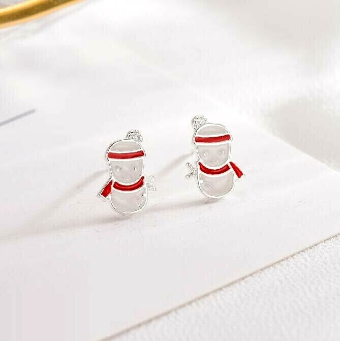 Tiny Silver Christmas White Snowman Red Pave Cubic Zirconia Stud Earring