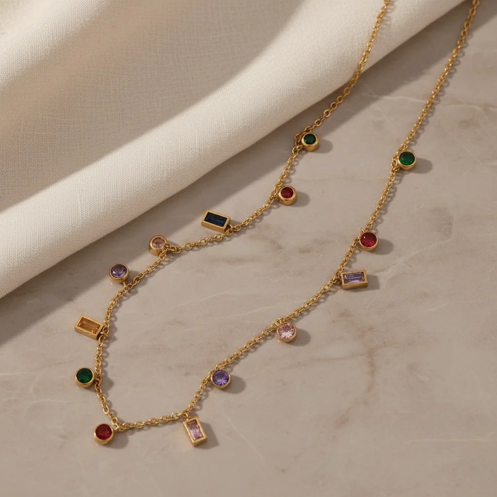 Multicolor Gemstone Necklace Gold Charm Necklace |Stainless Steel Layering Chain