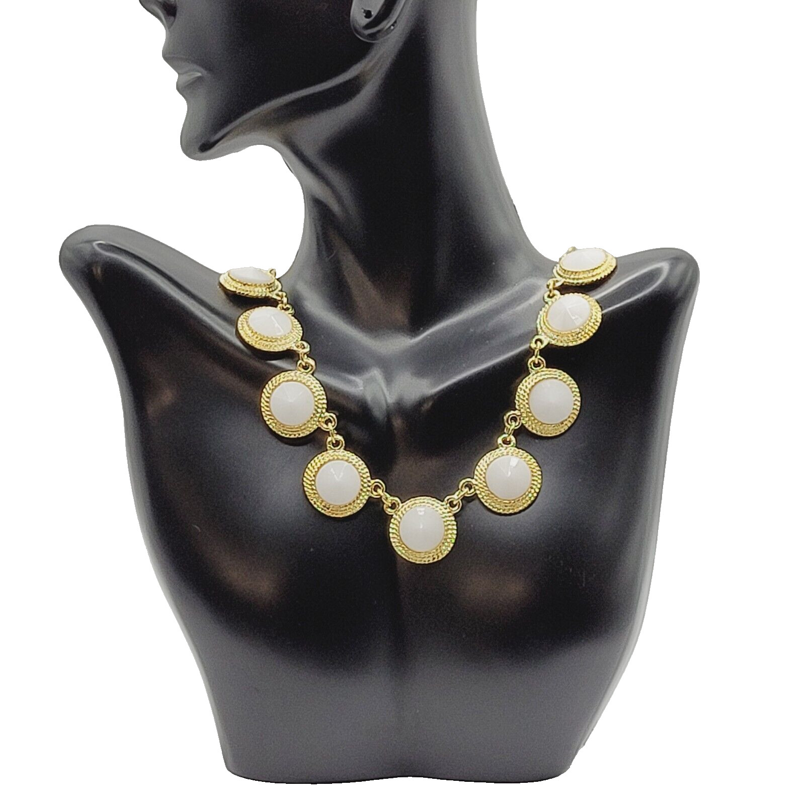 Gold Tone Bezel White Faceted Acrylic & Metal Link Professional Necklace 18 In