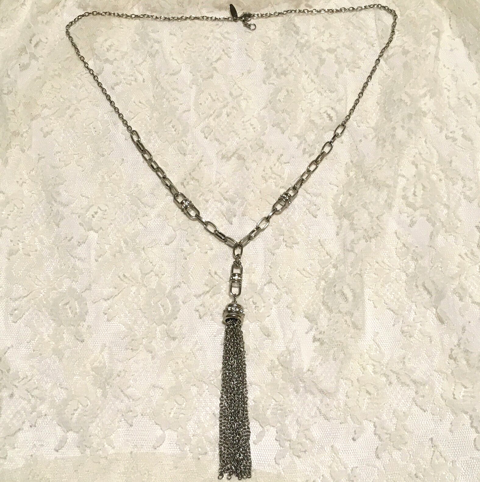 Vintage Tassel Lariat Chain Necklace Silver Tone Rhinestones 2000s signed NY