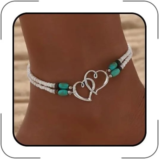 Elastic Beaded Ankle Bracelets for Women Double Heart Layered Stretch Ankle Brac
