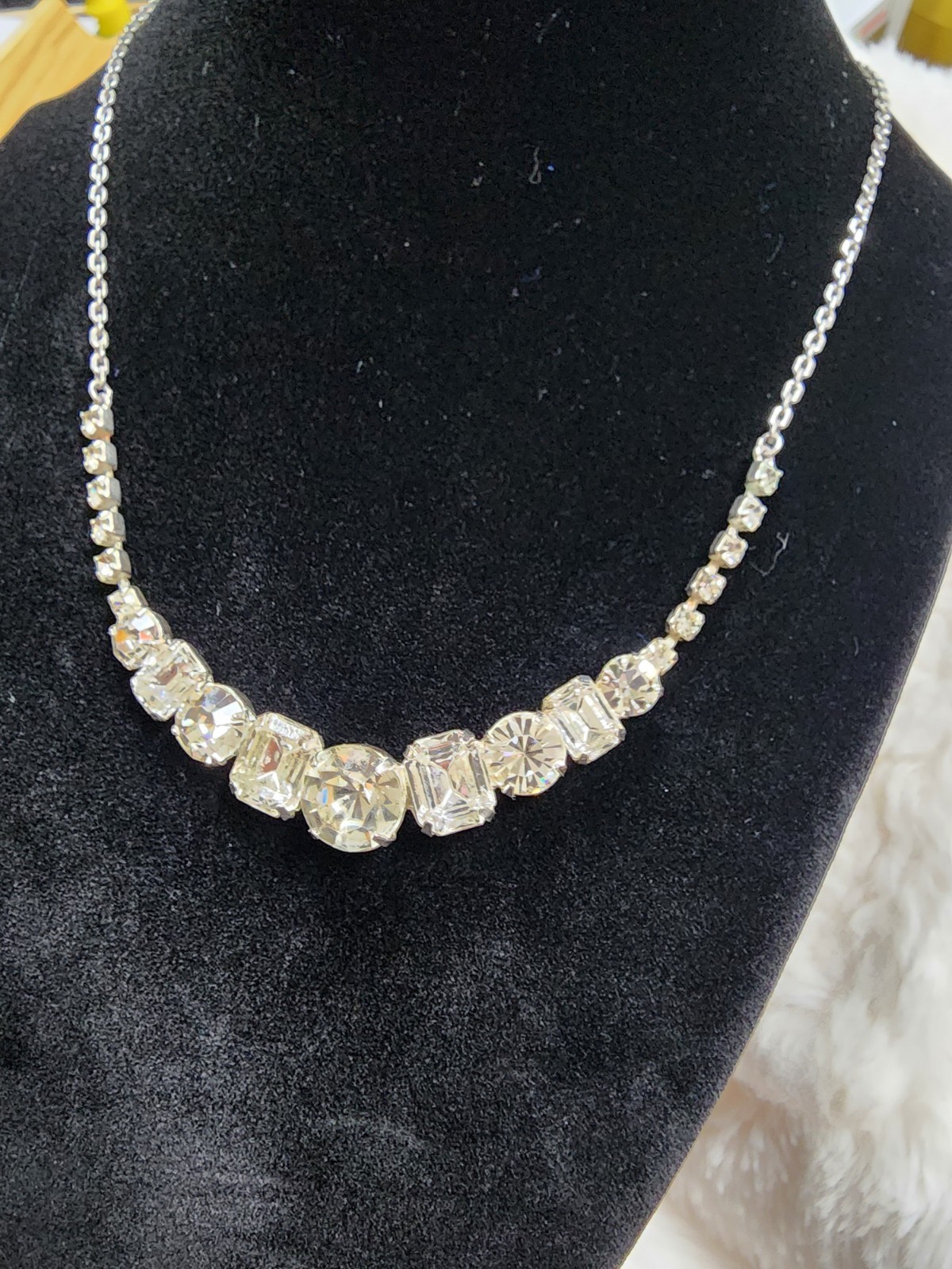 Silver Plated Statement Chain Necklace with Clear Simulated Crystal Rhinestone