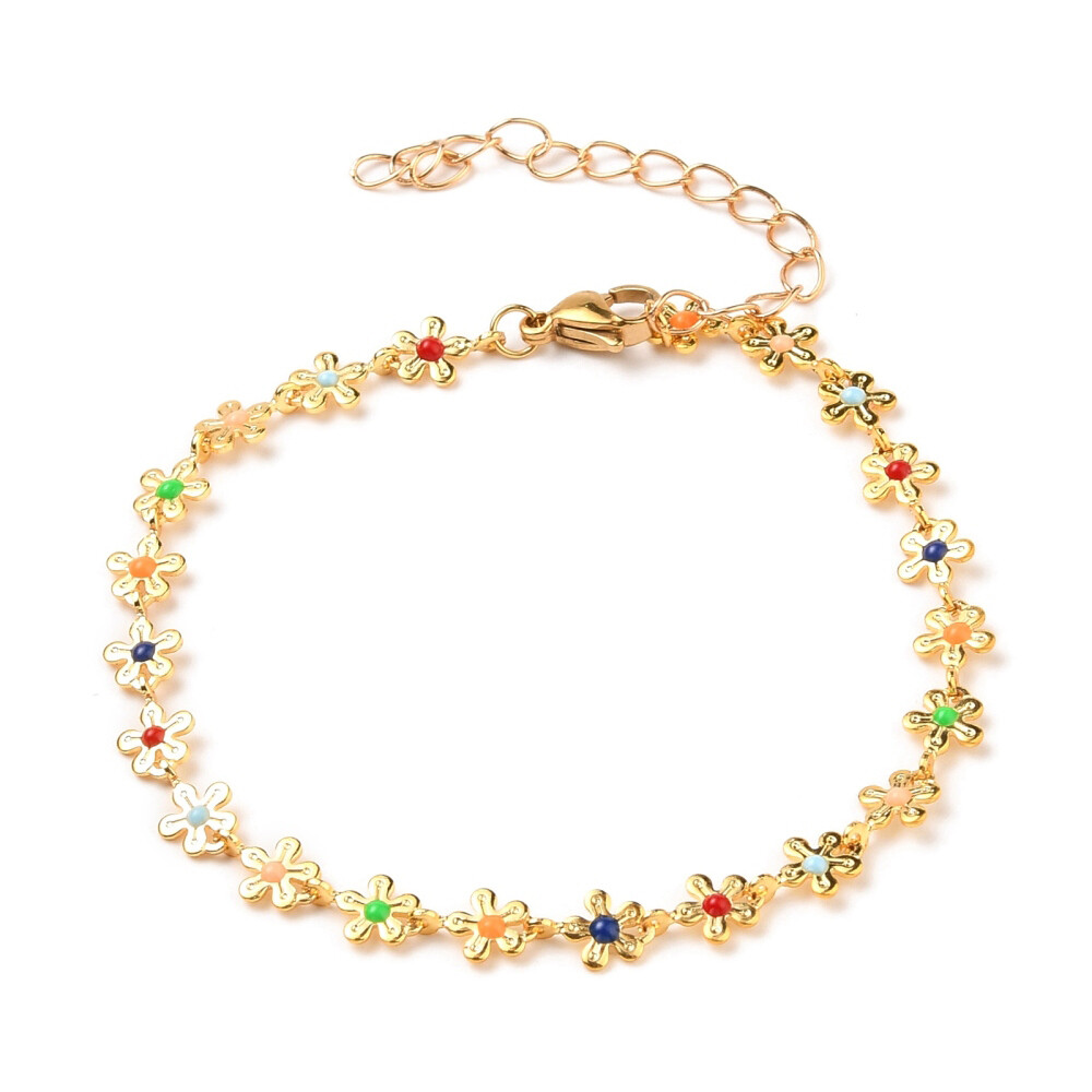 Enamel Flower Bracelet Stainless Steel Lobster 18K Gold Plated 7.5″ Z159