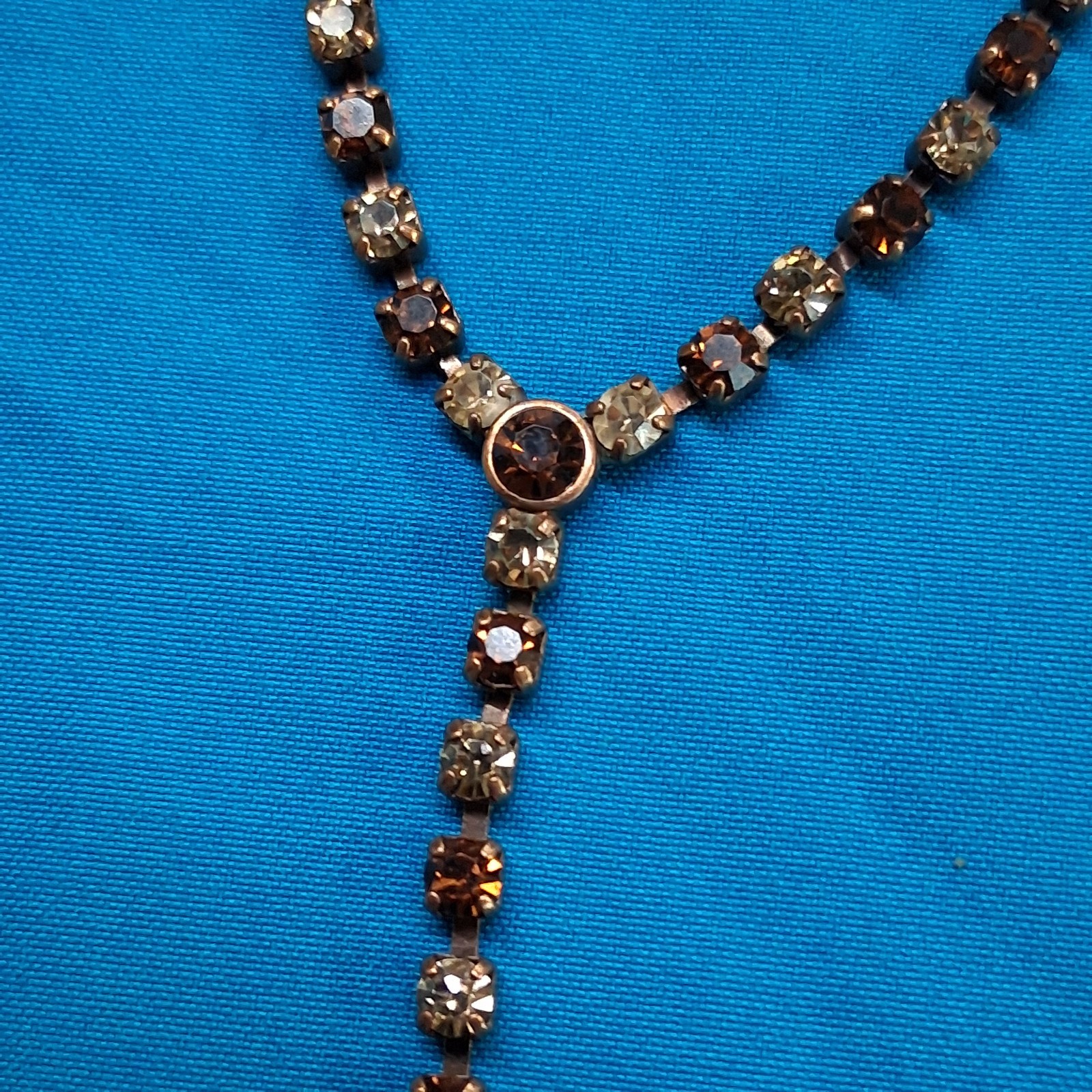 Vintage 1928 Branded Amber Tone Glass Rhinestone Y-Drop Pendant Copper Necklace