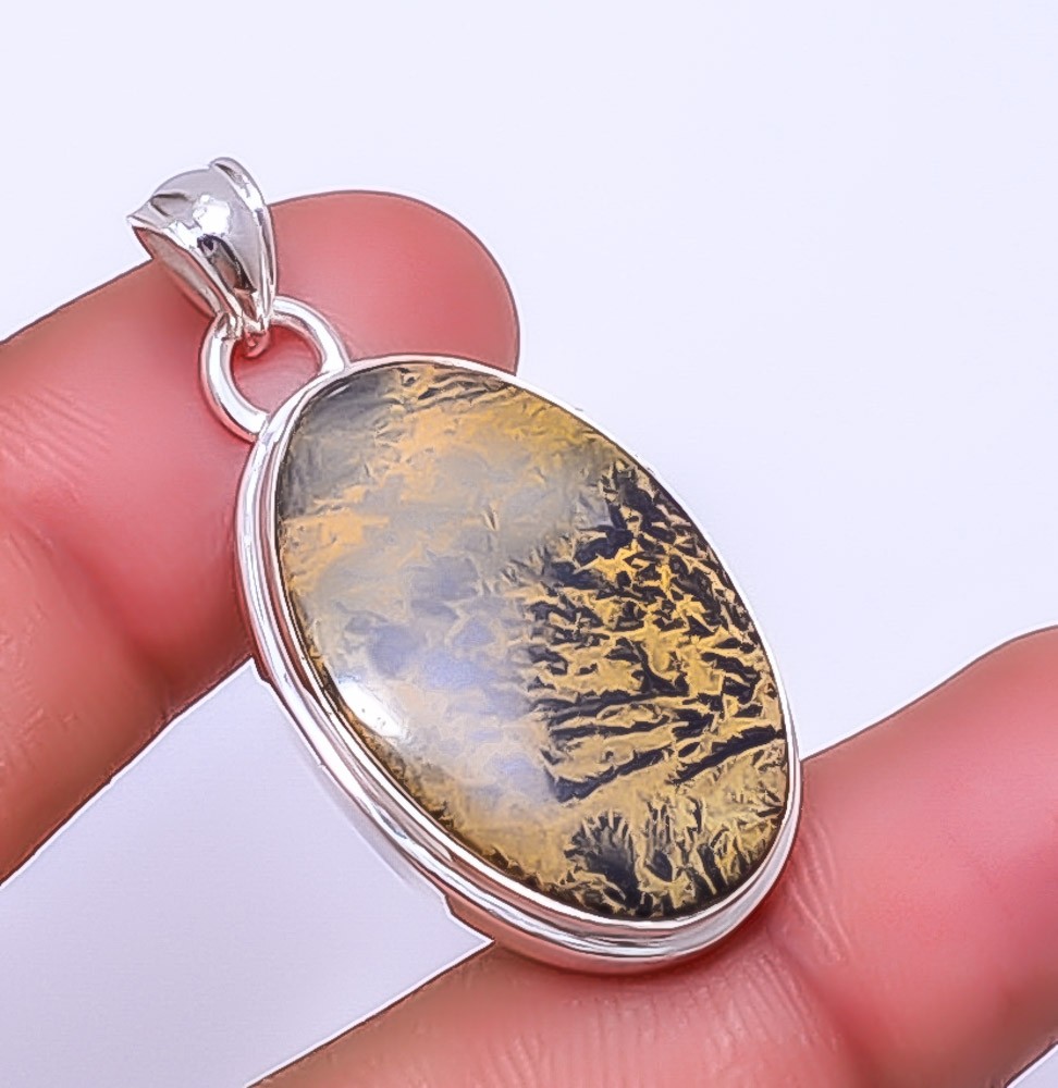 Honey Dendritic Opal – Mexico 925 Sterling Silver Pendant 1.64″ P51 Gift for her