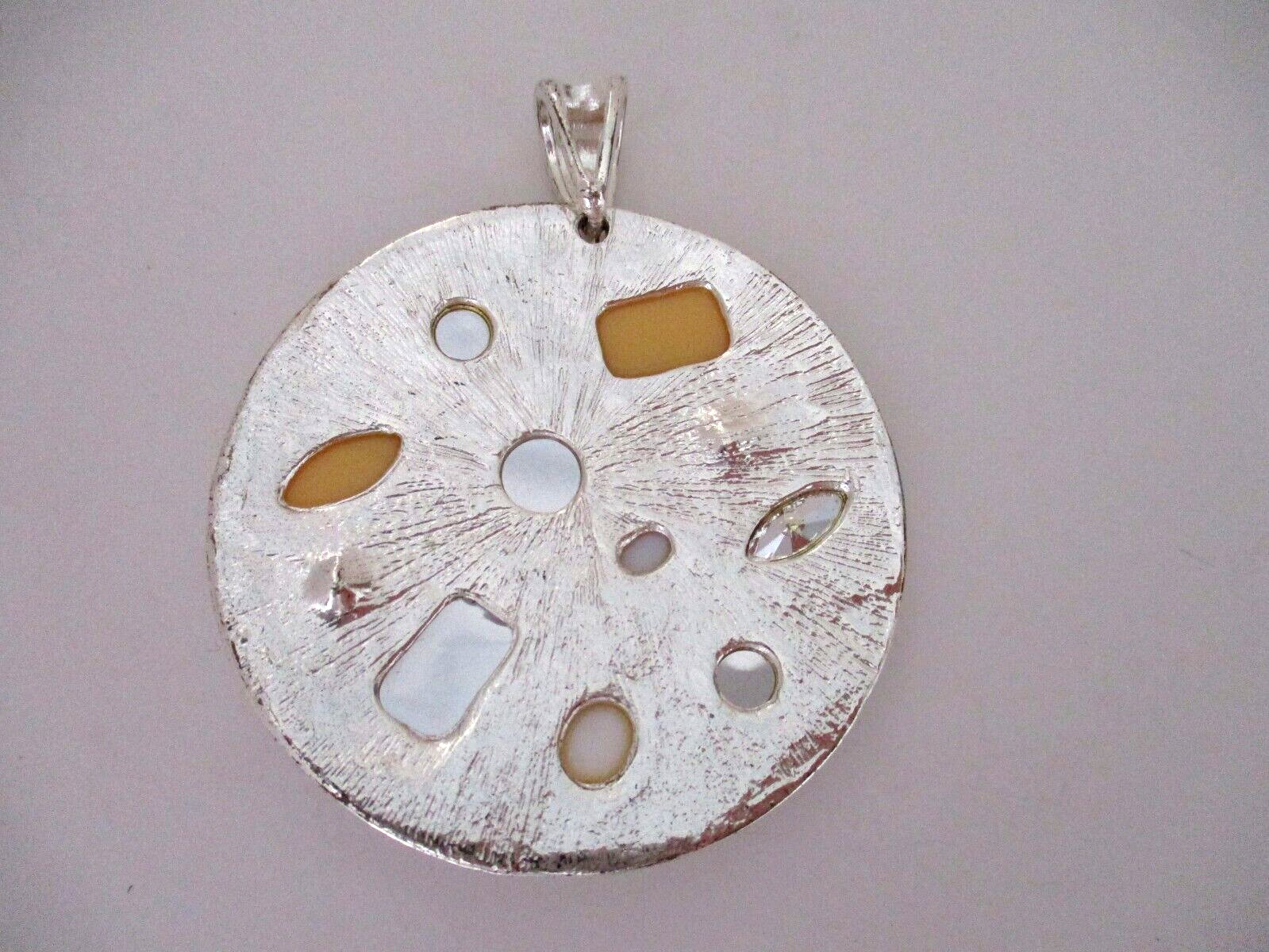 Metal Pendant Silver Tone with Rhinestones & Acrylic Stones Round 2.5″