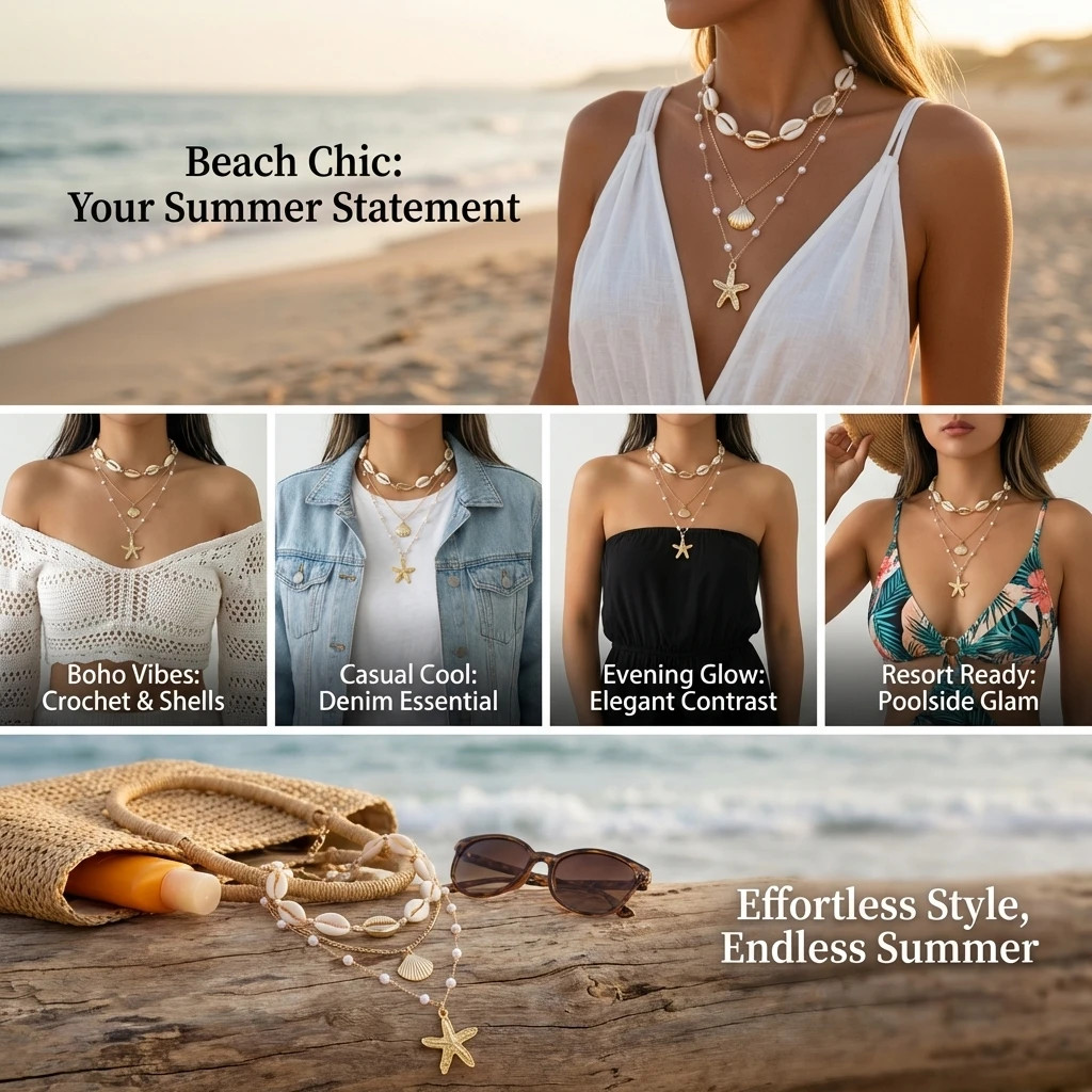 Boho Multilayer Starfish Shell Conch Pendant Necklace For Women Trendy Summer Be