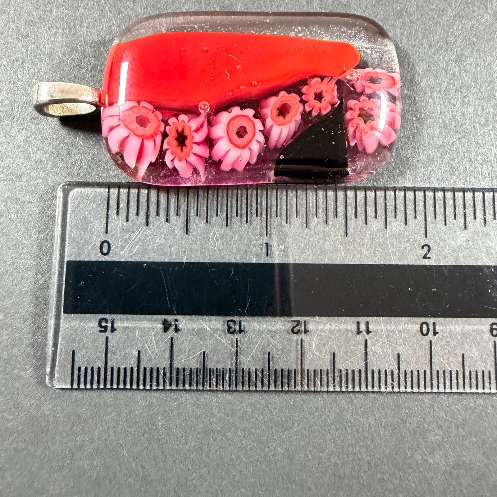 Millefiori Dichroic Glass Pendant Red Black Floral Artistic No Chain