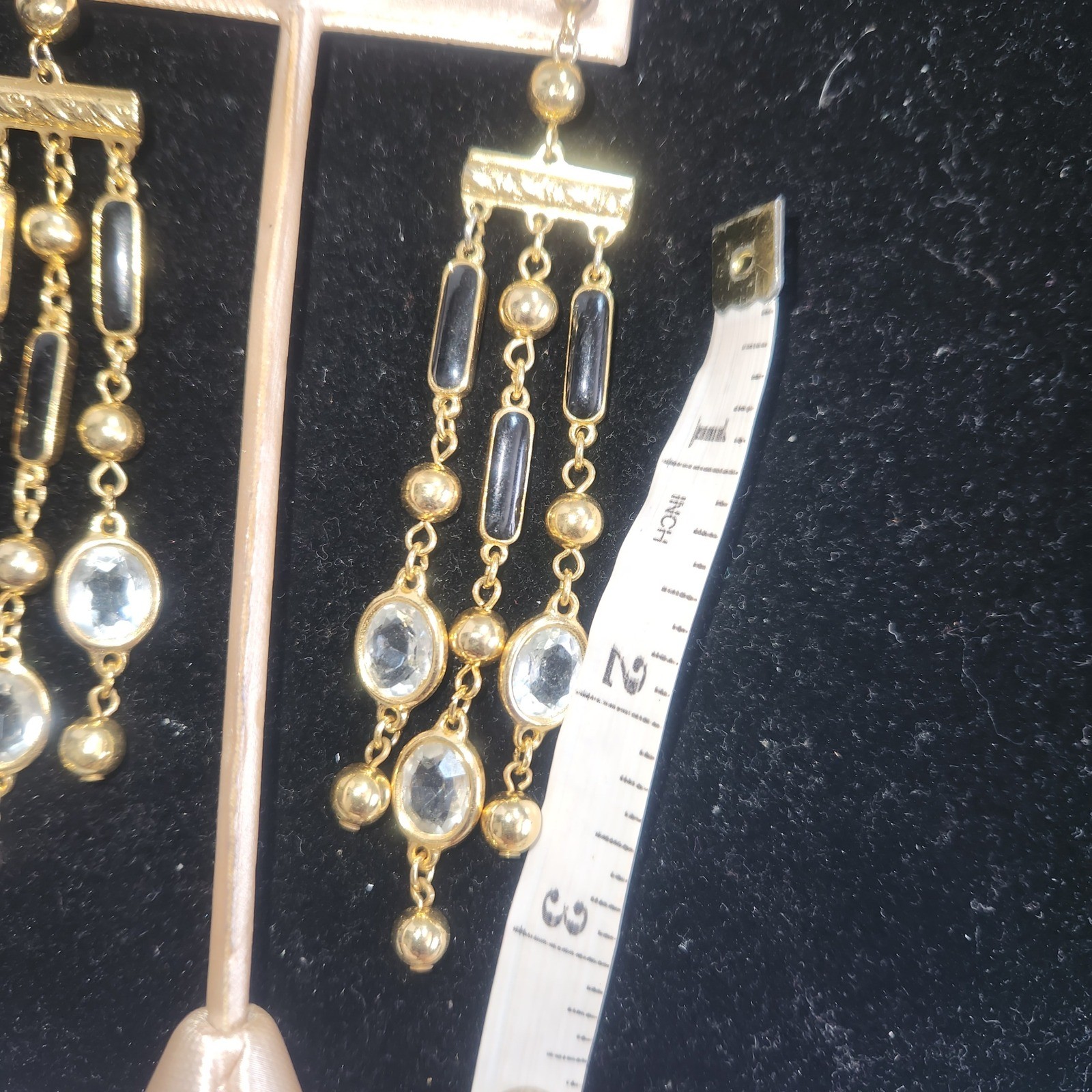 Gold Tone Black and Clear Crystal Chandelier Drop Dangle Earrings Post Back