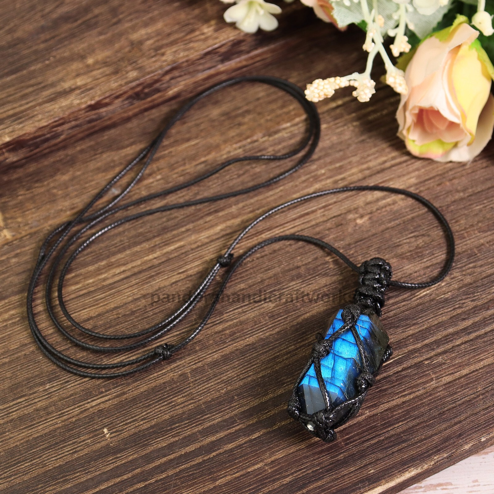 Natural Labradorite Hexagonal Point Pendant Healing Amulet Wrap Necklace Gifts