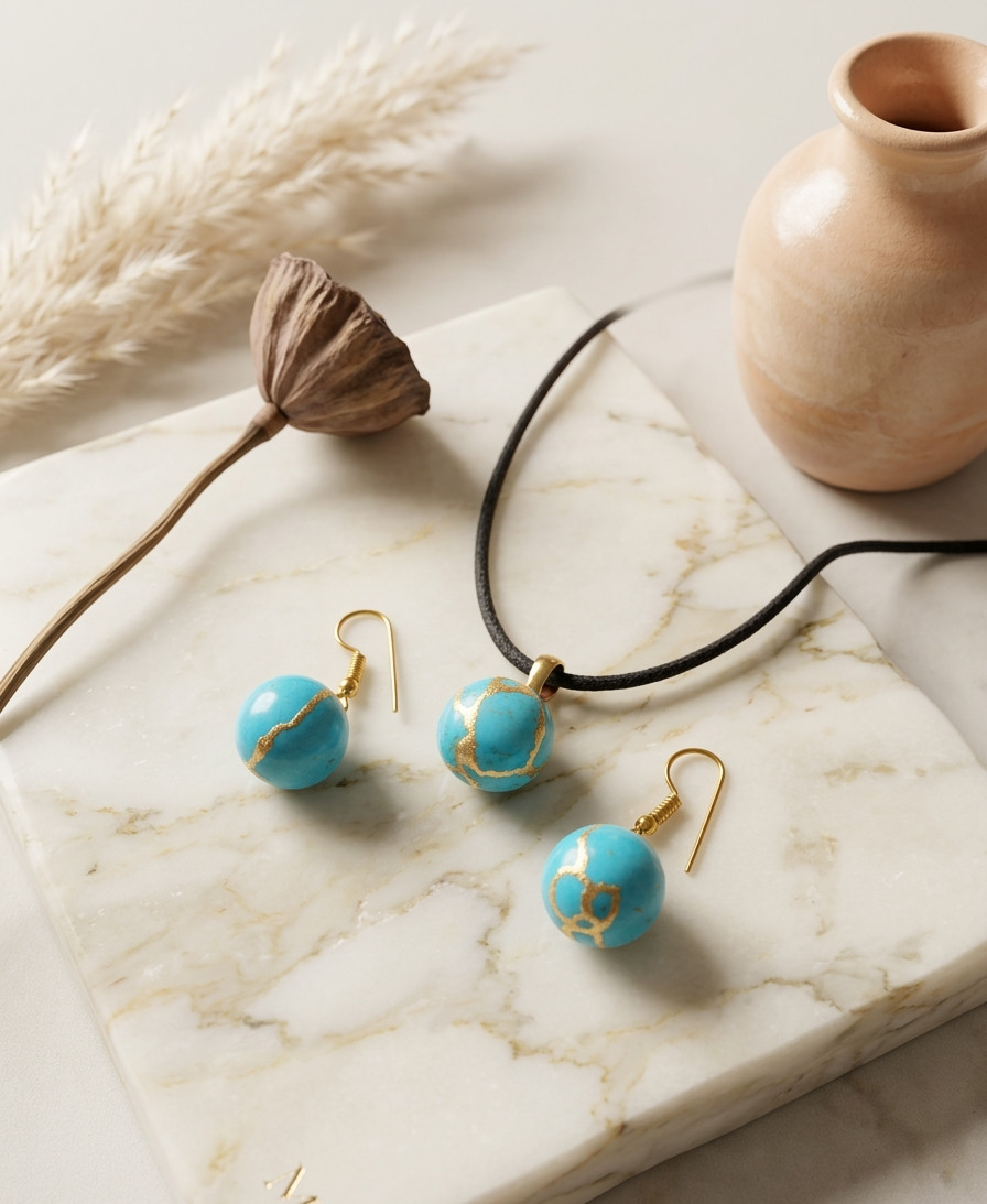 Turquoise Kintsugi Necklace & Earrings Set: Gold-Plated Brass Jewelry Best Gift