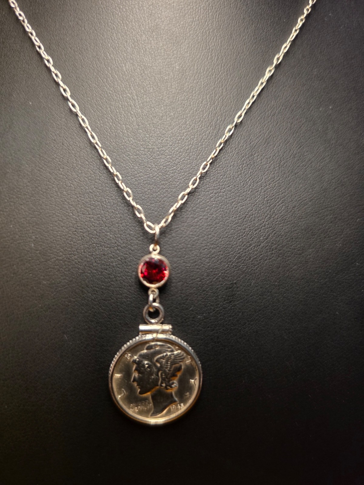 Vintage Mercury Dime Necklace in Sterling Silver 925 / Coin & ruby red CZ stone