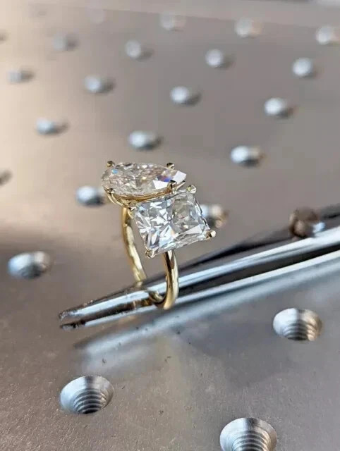 Pear & Radiant Cut Moissanite Two Stone Engagement Ring 14K Yellow Gold Plated