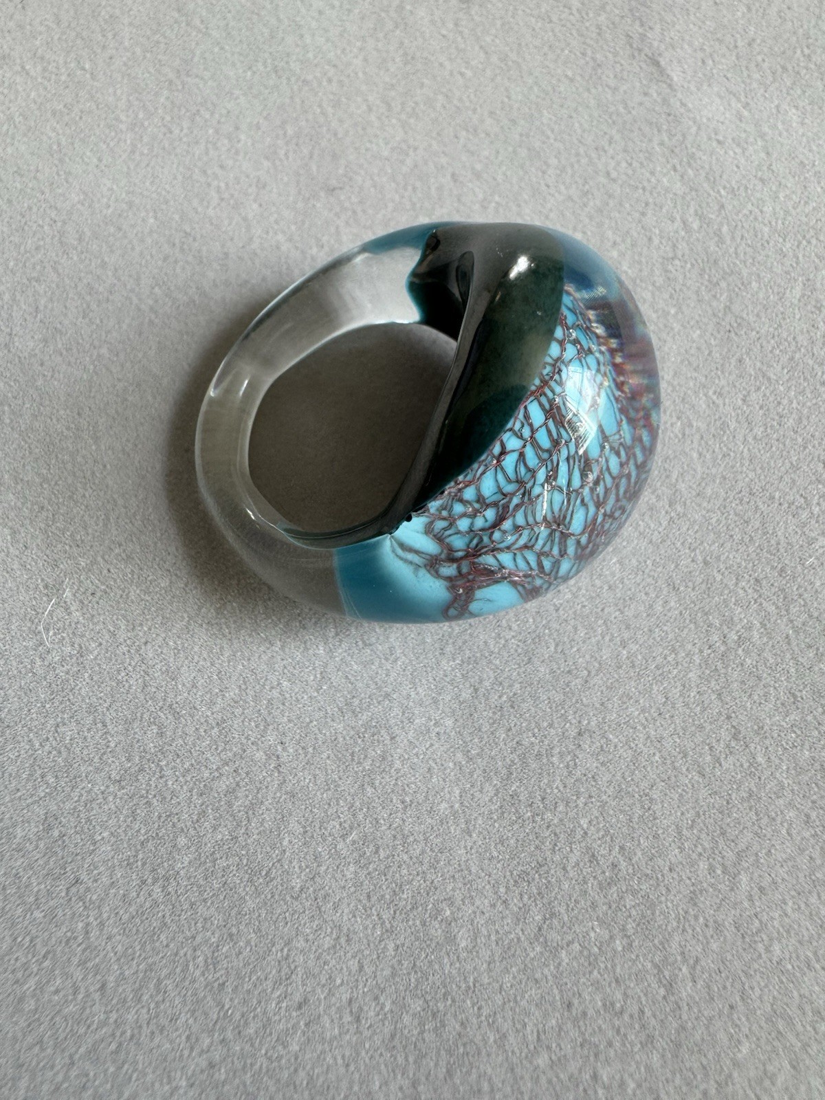 Bohemian Hand Blow Art Glass Ring Turquoise Dome Clear Lace Web Design Statement